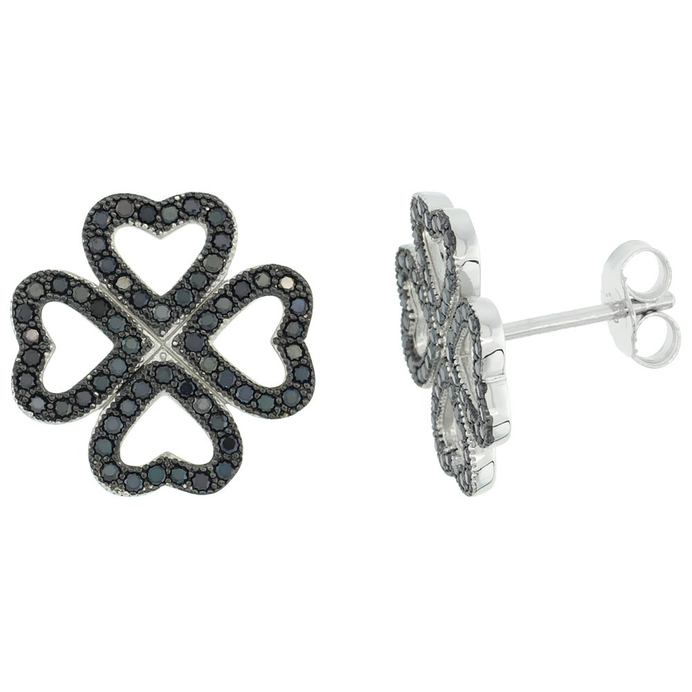 Sterling Silver Micro Pave Cubic Zirconia Open Heart shaped Four Leaf Clover Earring Black Stones