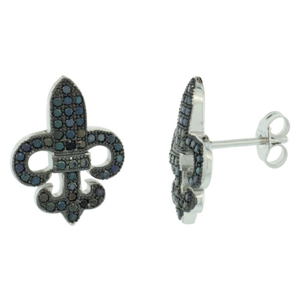 Sterling Silver Micro Pave Cubic Zirconia Fleur-De-Lis Earring Black Stones