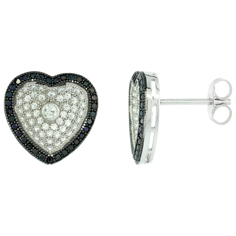 Sterling Silver Micro Pave Cubic Zirconia Heart Earring Centered Single White Stone & Outlined Black Stones