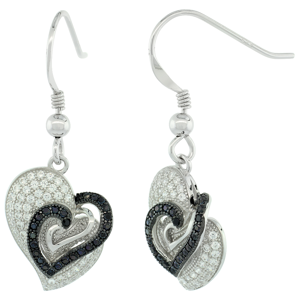 Sterling Silver Micro Pave Cubic Zirconia Three Hearts In One Hook Earring Black & White Stones