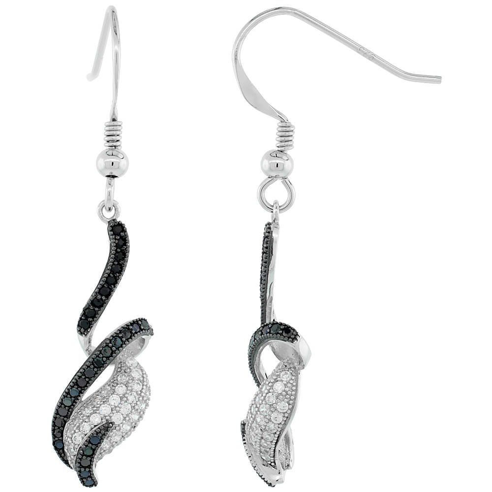 Sterling Silver Micro Pave Cubic Zirconia Spiral Drop Leaf Hook Earring Black & White Stones