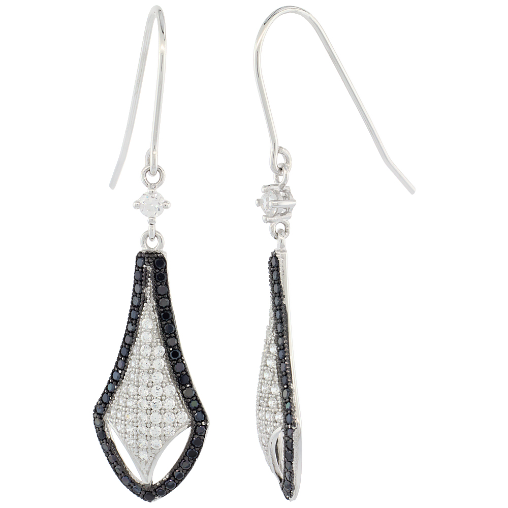 Sterling Silver Micro Pave Cubic Zirconia Tear Shape Hook Earring White & Outlined in Black Stones