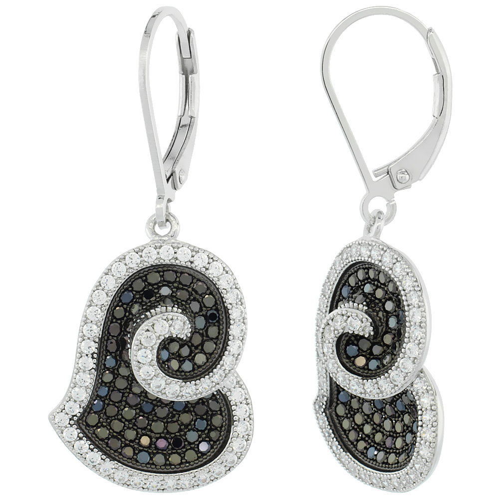 Sterling Silver Micro Pave Cubic Zirconia Spiral Heart lever back Earring Black & White Stones