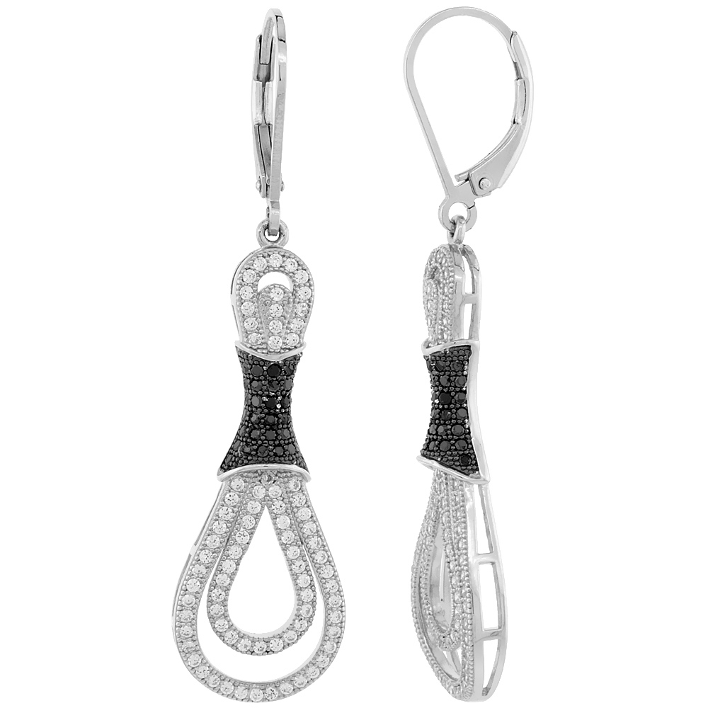 Sterling Silver Micro Pave Cubic Zirconia Double Tied Tear Drop Shape lever back Earring Black & White Stones