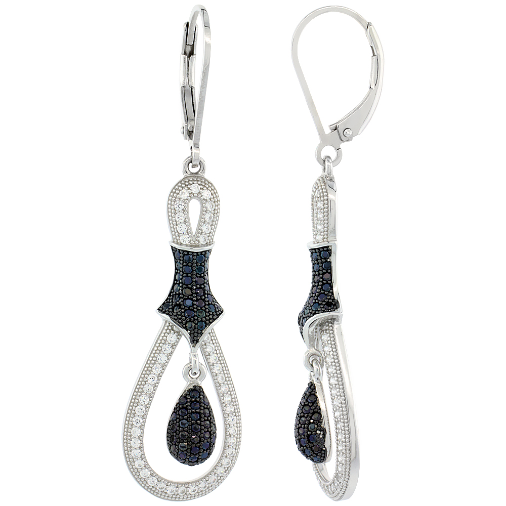 Sterling Silver Micro Pave Cubic Zirconia Tied Tear Drop Shape Lever Back Earring Black & White Stones