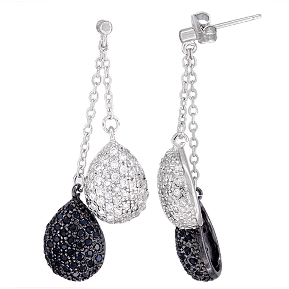 Sterling Silver Twin Dangling Tear Drops CZ Earrings Micro Pave Black & White Stones, 1 3/4 inch long