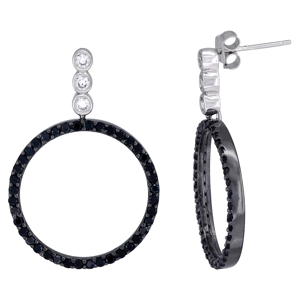 Sterling Silver Floating Circle CZ Earrings Micro Pave Black Rhodium Finish, 7/8 inch in diameter