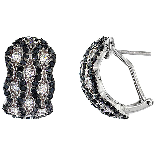 Ladies Sterling Silver 3-Row Scalloped Edges CZ Earrings Micro Pave Black & White Stones 7/16 inch wide