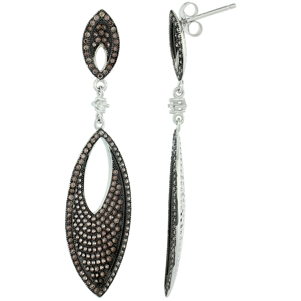 Sterling Silver Micro Pave Cubic Zirconia Marquise Dangling Shape Earring One Solitaire White & Brown Stones