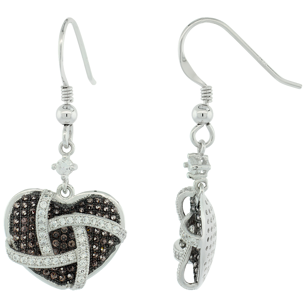Sterling Silver Micro Pave Cubic Zirconia Caged Heart Dangling Hook Earring White & Brown Stones