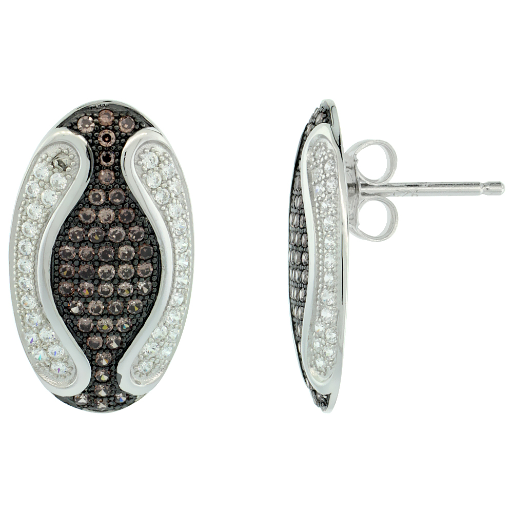 Sterling Silver Micro Pave Cubic Zirconia Egg Earring White & Brown Stones