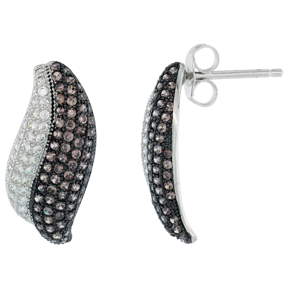 Sterling Silver Micro Pave Cubic Zirconia Leaf Earring In Tow Tone White & Brown Stones
