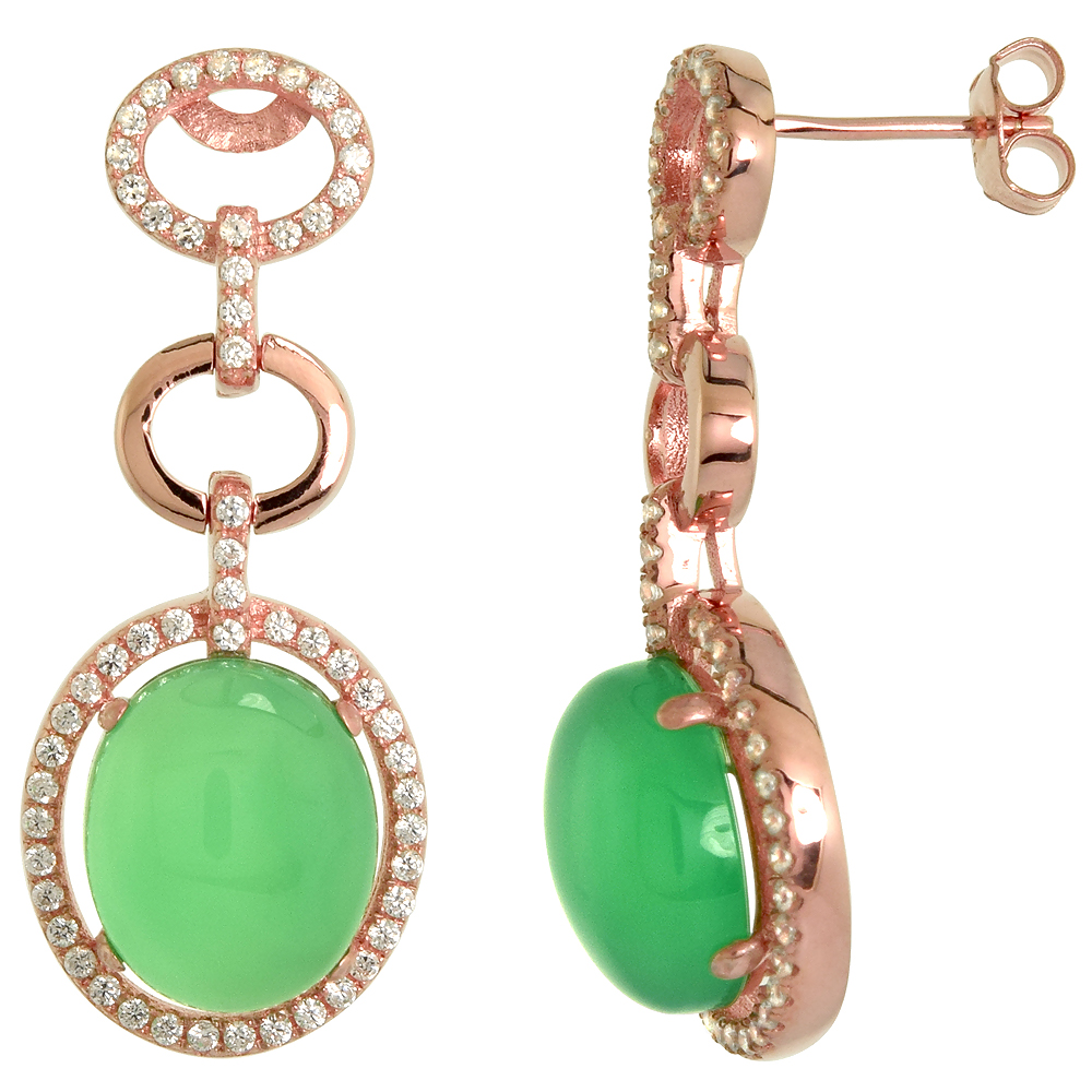 Sterling Silver Micro Pave CZ Dangling Earrings with Oval Green Serpentine Rose Gold Finish, 1 15/32 inch long