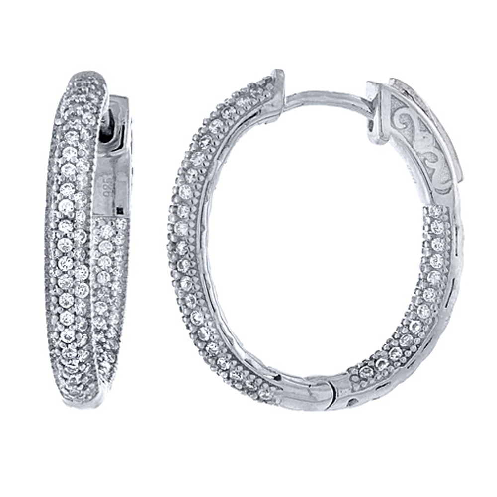 Sterling Silver Micro Pave CZ Inside-Outside Hoop Earrings Oval in Rhodium, Yellow & Rose Gold Finishes, 13/16 inch wide