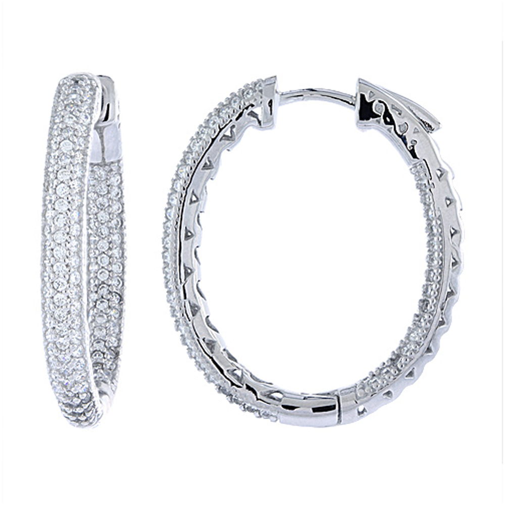 Sterling Silver Micro Pave CZ Inside-Outside Hoop Earrings Oval in Rhodium, Yellow & Rose Gold Finishes, 15/16 inch wide