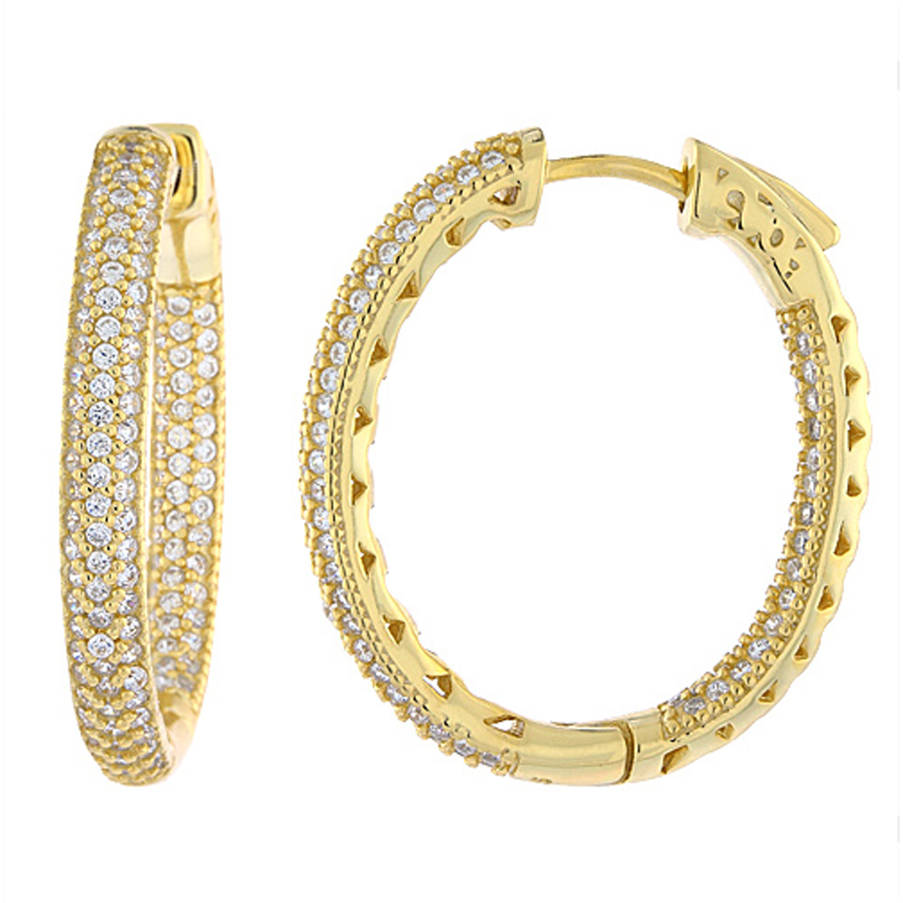 Sterling Silver Micro Pave CZ Inside-Out Hoop Earrings Oval Yellow Gold Finish