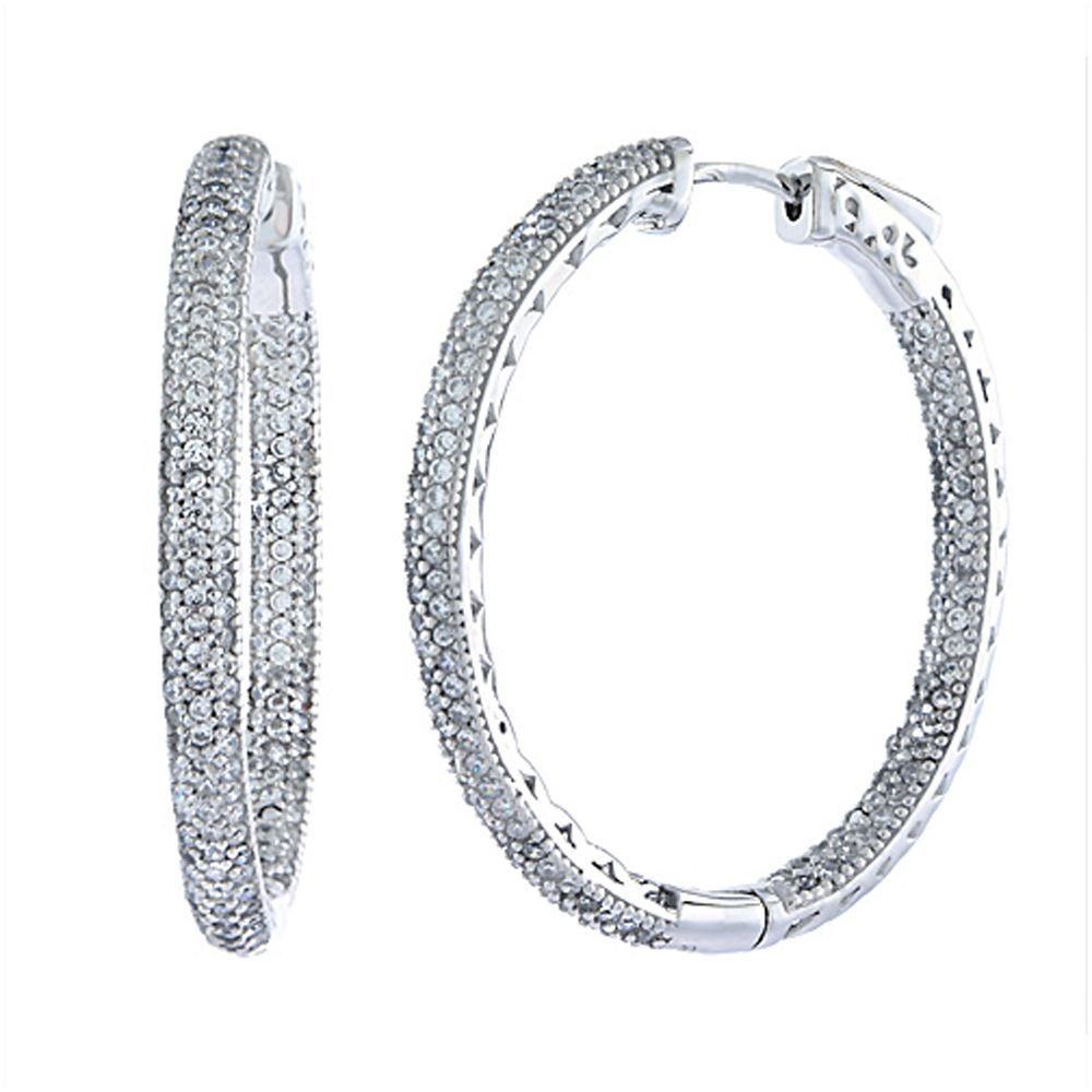 Sterling Silver Micro Pave CZ Inside-Outside Hoop Earrings Oval in Rhodium, Yellow & Rose Gold Finishes, 1 3/16 inch wide
