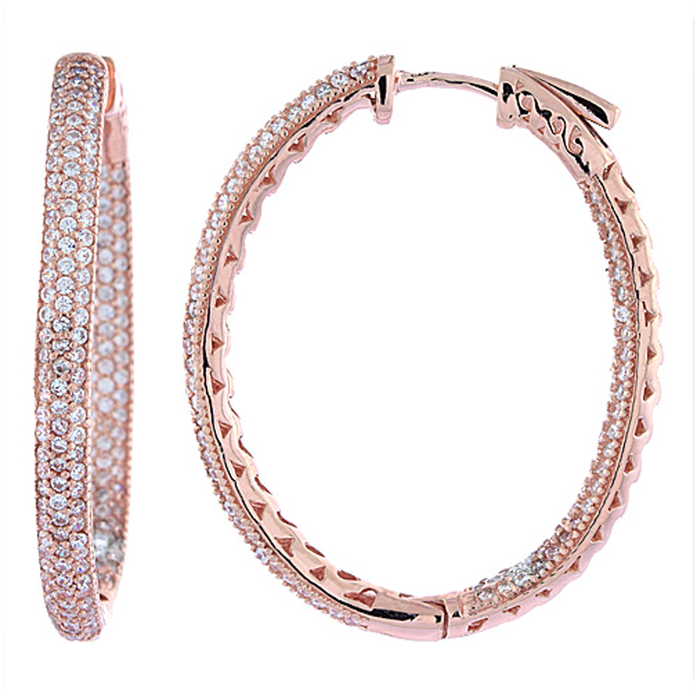 Sterling Silver Micro Pave CZ Inside-Out Hoop Earrings Oval Rose Gold Finish
