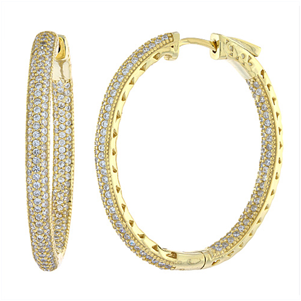 Sterling Silver Micro Pave CZ Inside-Out Hoop Earrings Oval Yellow Gold Finish
