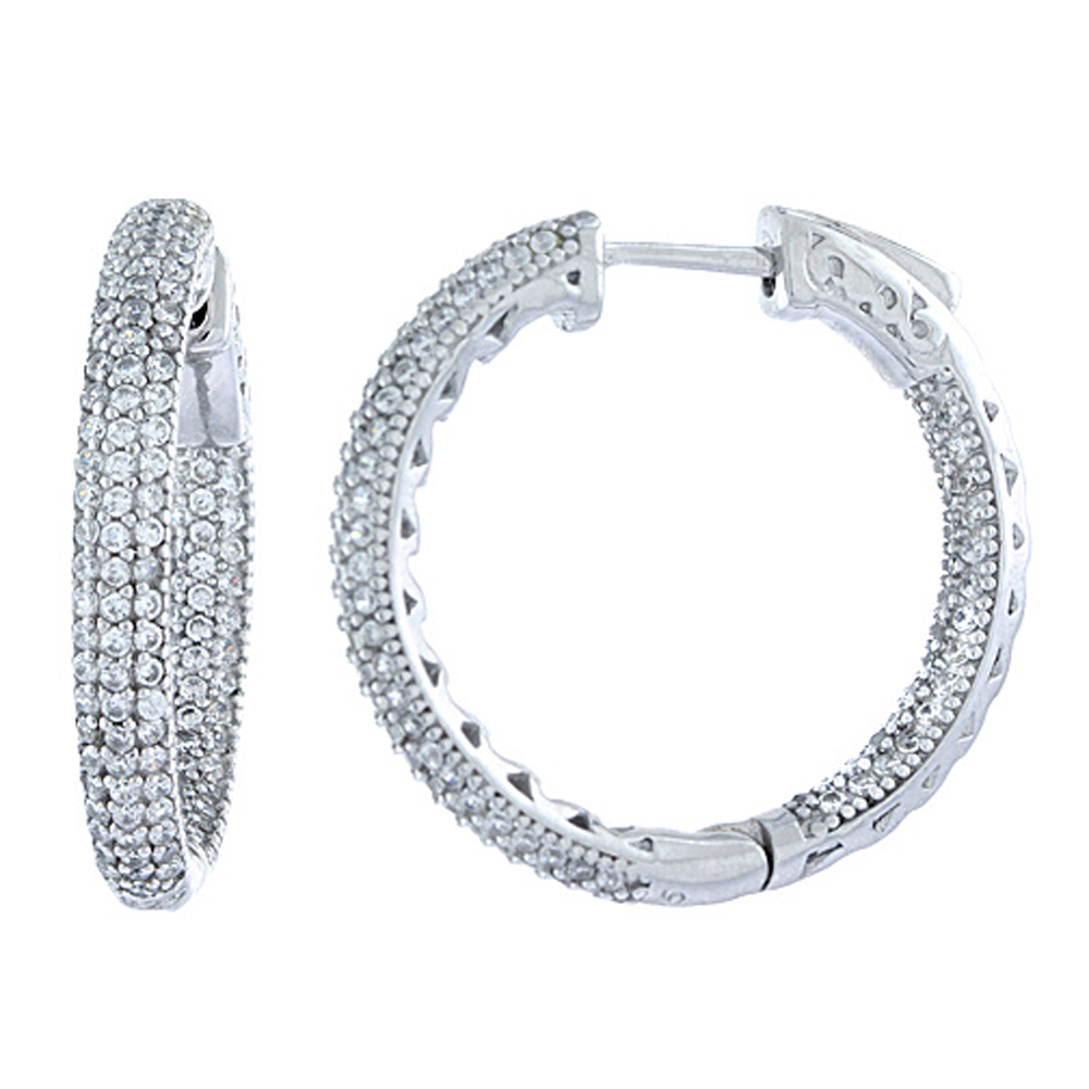 Sterling Silver Micro Pave CZ Inside-Outside Hoop Earrings Round in Rhodium, Yellow & Rose Gold Finishes, 1 inch wide