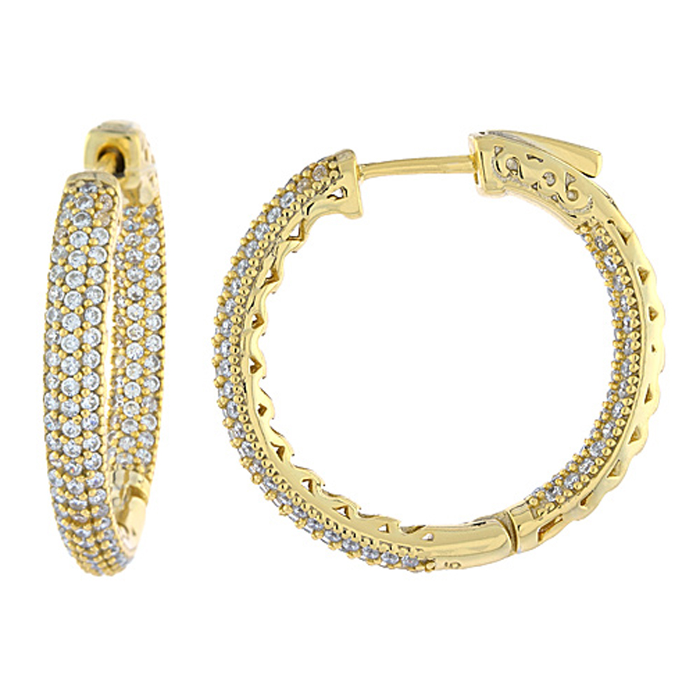 Sterling Silver Micro Pave CZ Inside-Out Hoop Earrings Round Yellow Gold Finish