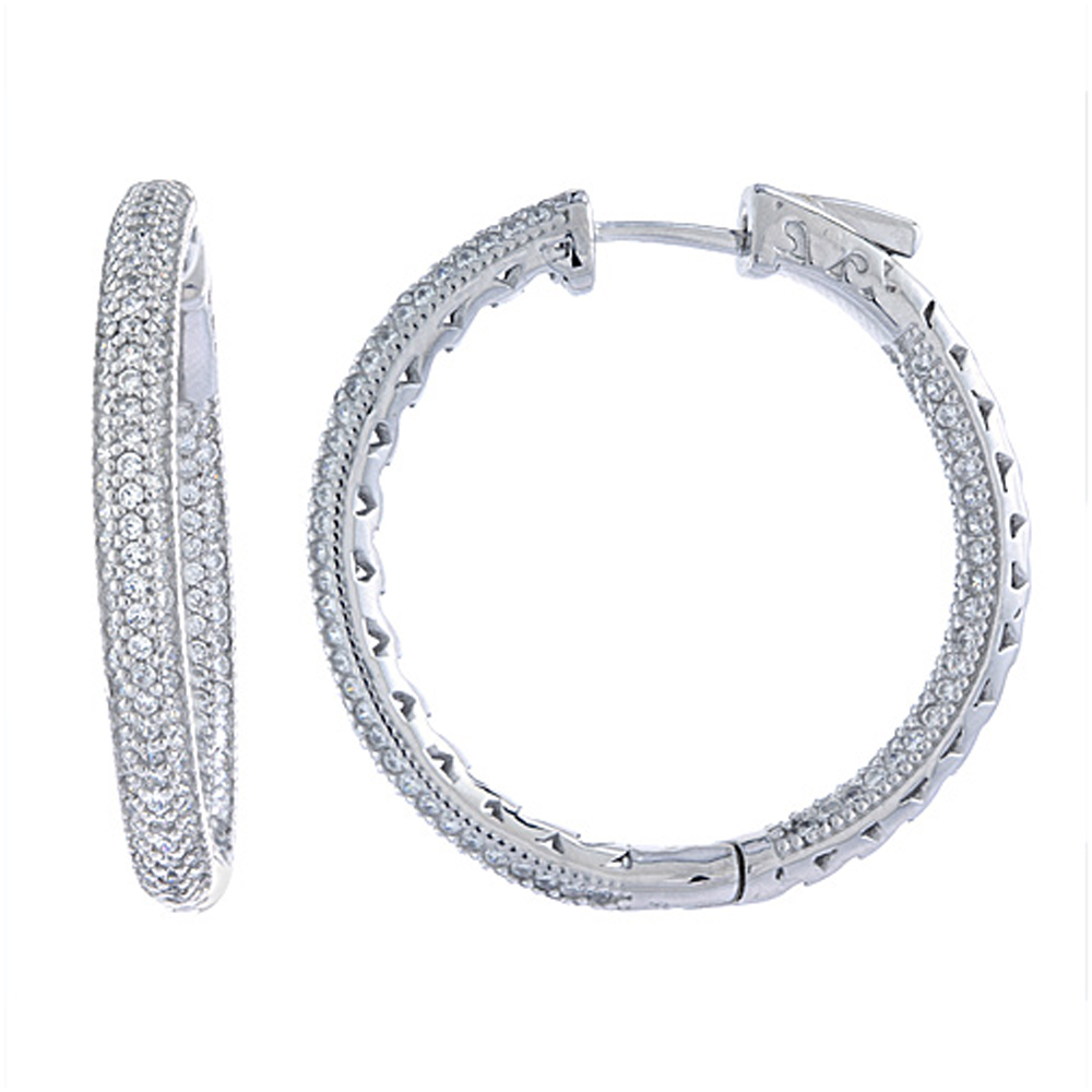 Sterling Silver Micro Pave CZ Inside-Outside Hoop Earrings Round in Rhodium, Yellow & Rose Gold Finishes, 1 3/16 inch wide