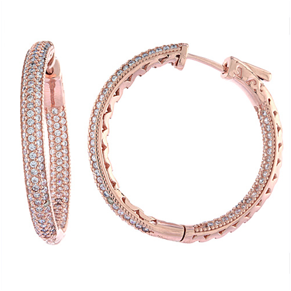 Sterling Silver Micro Pave CZ Inside-Out Hoop Earrings Round Rose Gold Finish