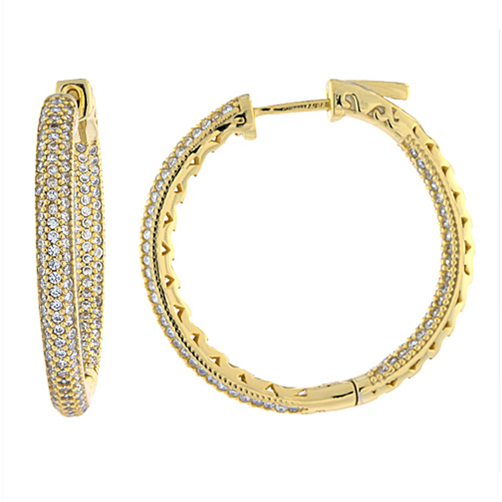 Sterling Silver Micro Pave CZ Inside-Out Hoop Earrings Round Yellow Gold Finish