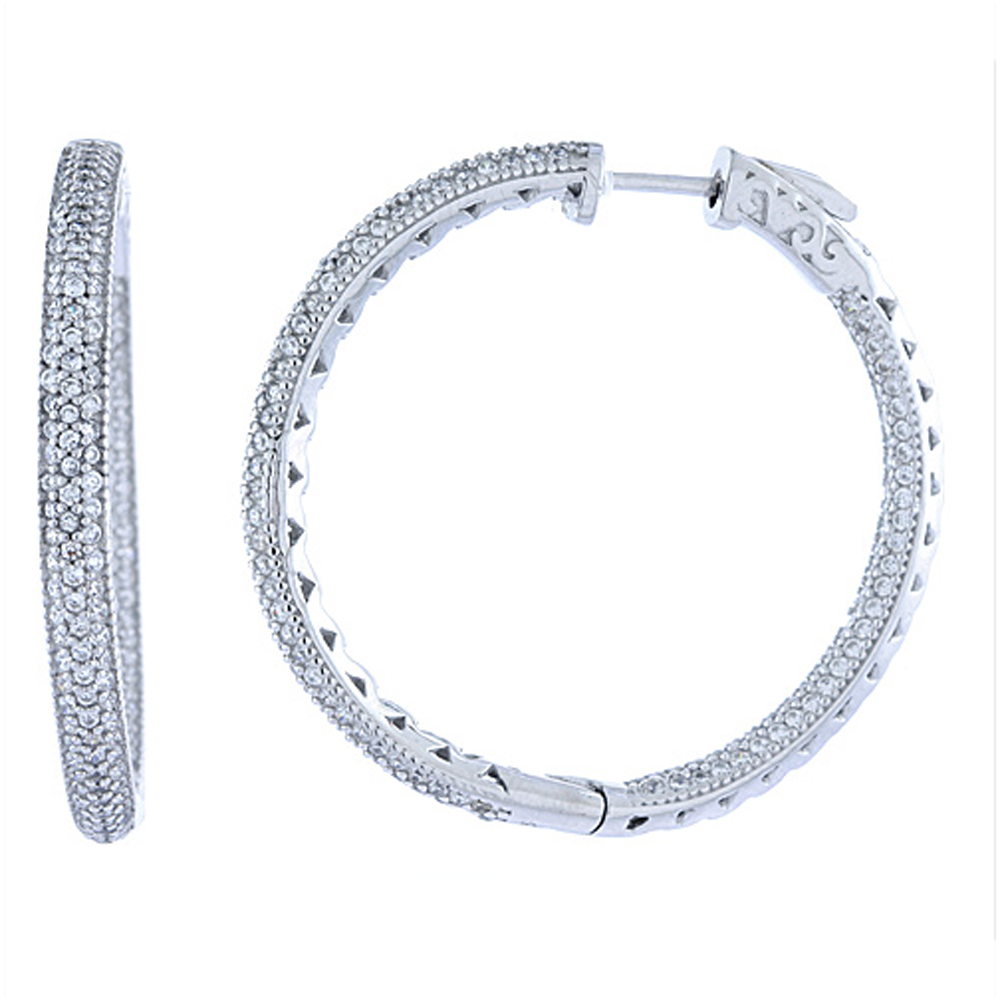 Sterling Silver Micro Pave CZ Inside-Outside Hoop Earrings Round in Rhodium, Yellow & Rose Gold Finishes, 1 3/8 inch wide
