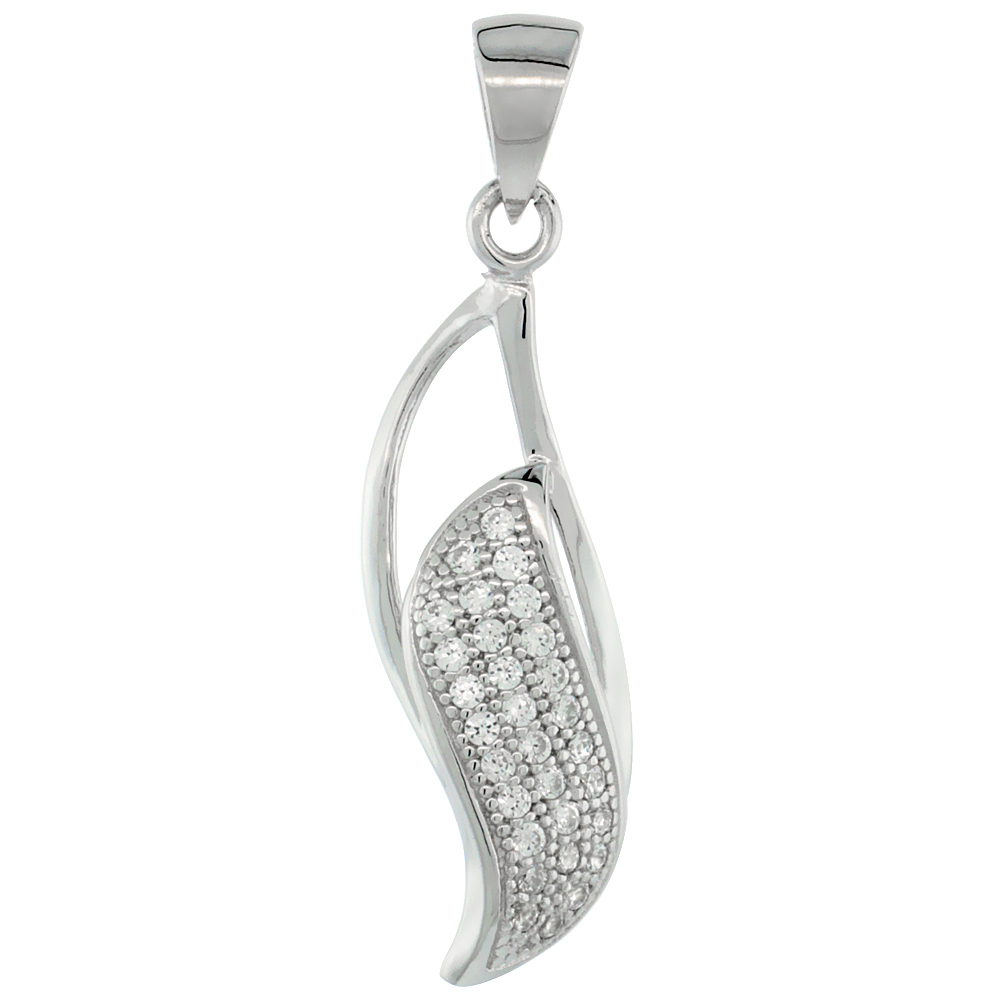 Sterling Silver Micro Pave Cubic Zirconia Double Drop Leaf Pendant White Stones