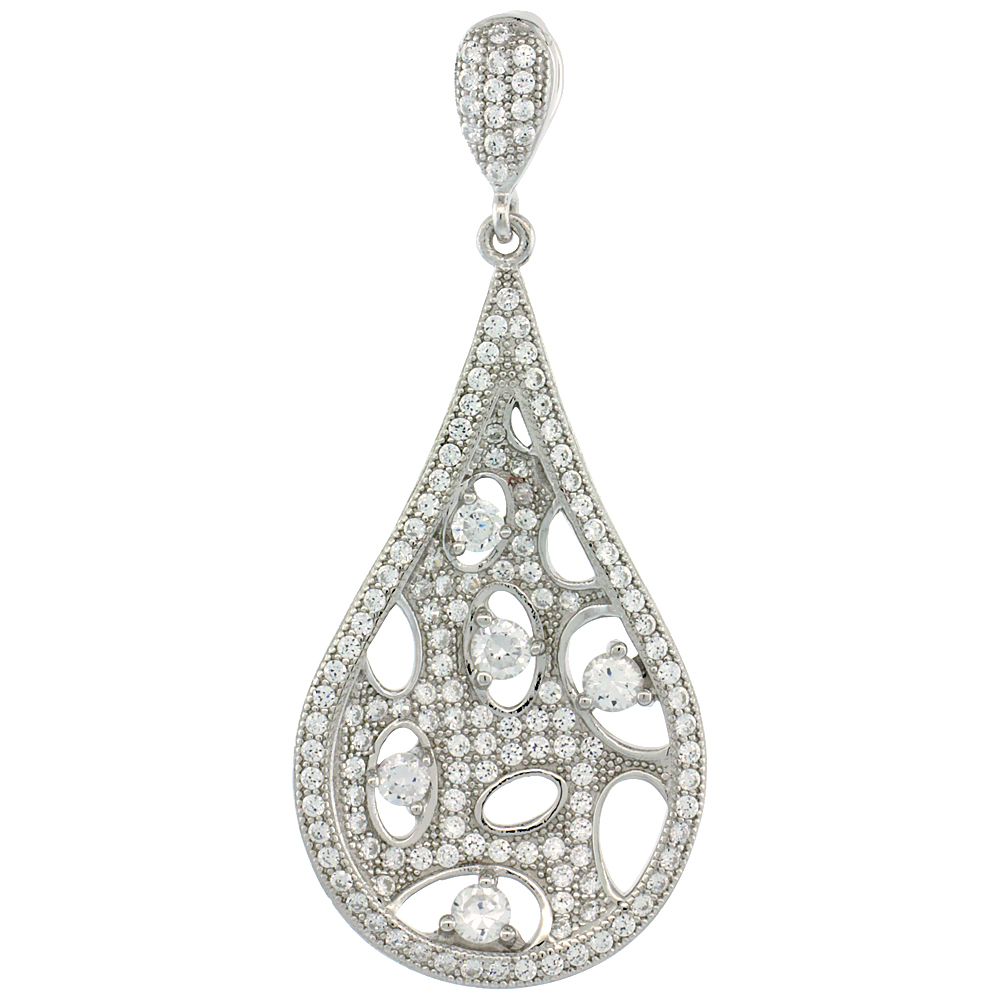 Sterling Silver Micro Pave Cubic Zirconia Bubbly Pear Shape Pendant White Stones