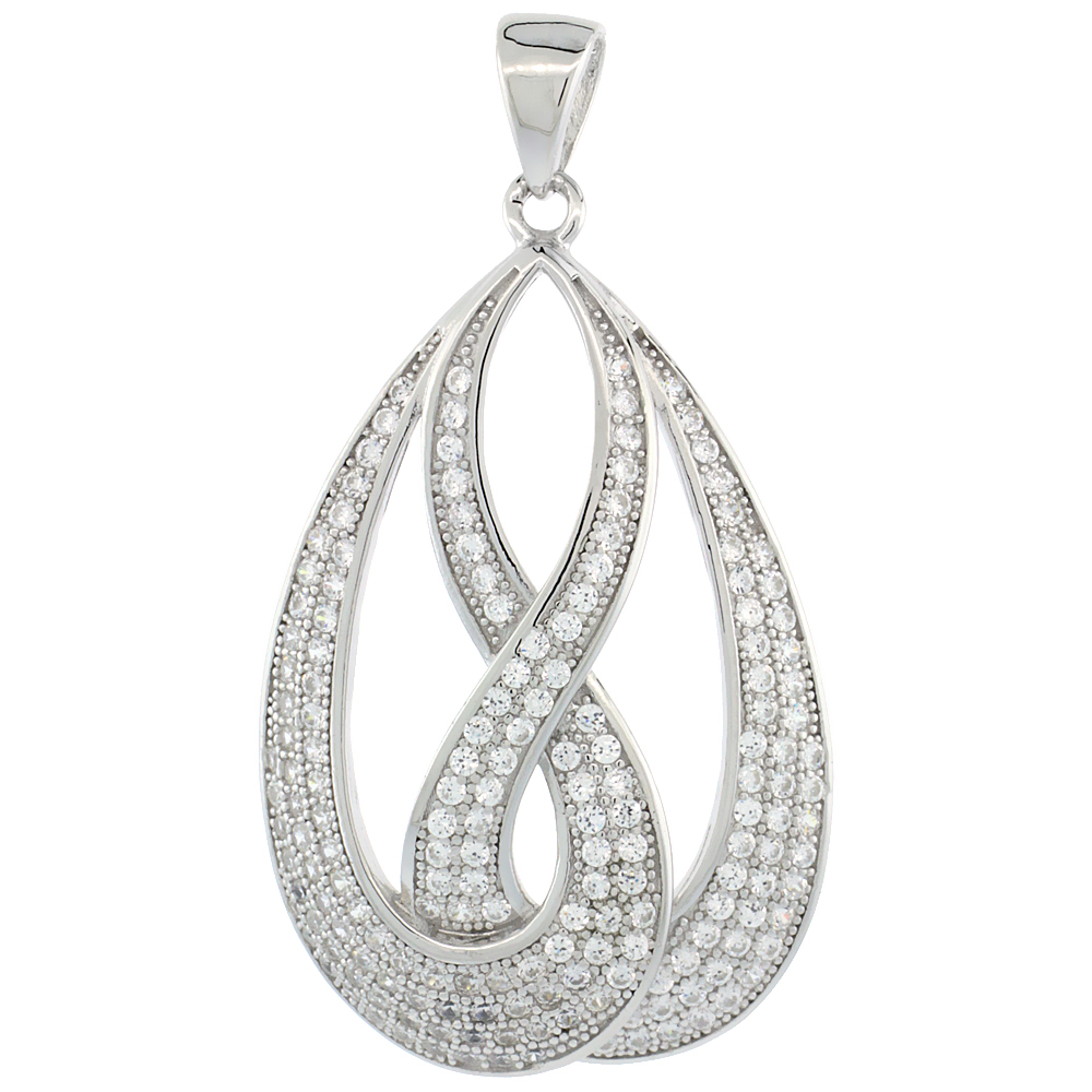 Sterling Silver Micro Pave Cubic Zirconia Open Double Tear Drop Shape Pendant White Stones
