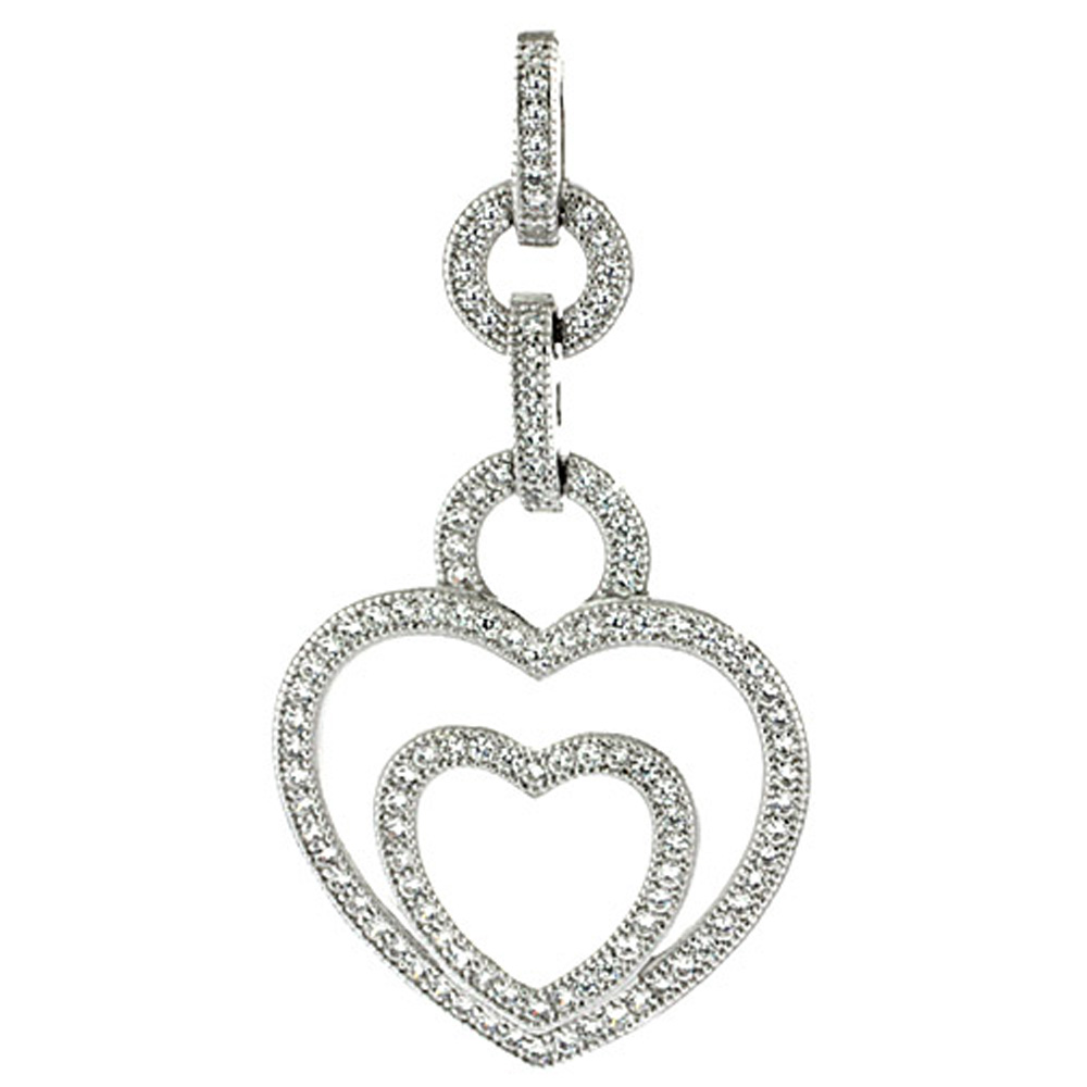 Sterling Silver Double Heart Micro Pave CZ Pendant, 1 5/8 inch long