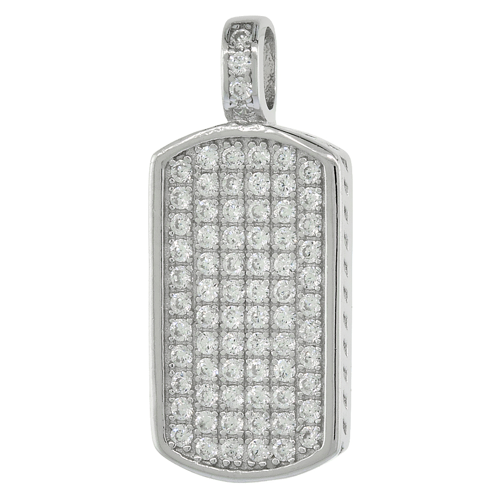 Dinty Sterling Silver Cubic Zirconia Dog Tag Necklace for Women Micro Pave 3/4 inch tall