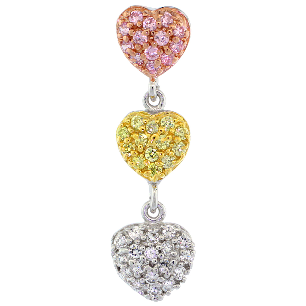 Sterling Silver Triple Heart Micro Pave CZ Pendant Tri-Color Finish, 1 1/8 inch long