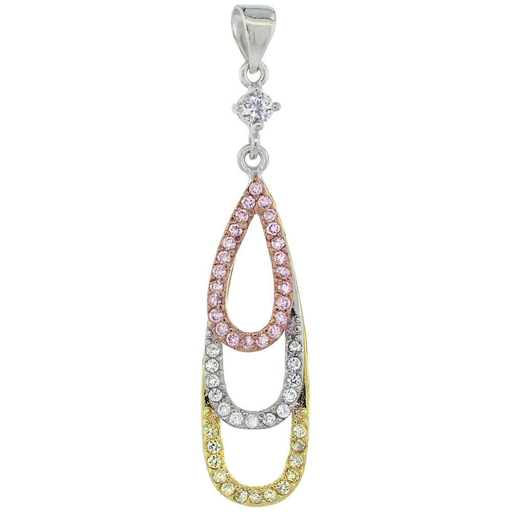 Sterling Silver Graduating Teardrops Micro Pave CZ Pendant Tri-Color Finish, 1 5/16 inch long