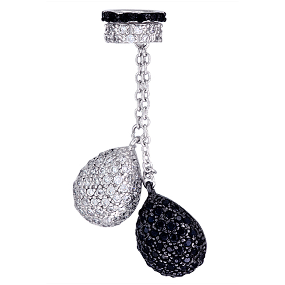 Sterling Silver Twin Dangling Tear Drops Micro Pave CZ Pendant Black & White Stones, 1 3/4 inch long