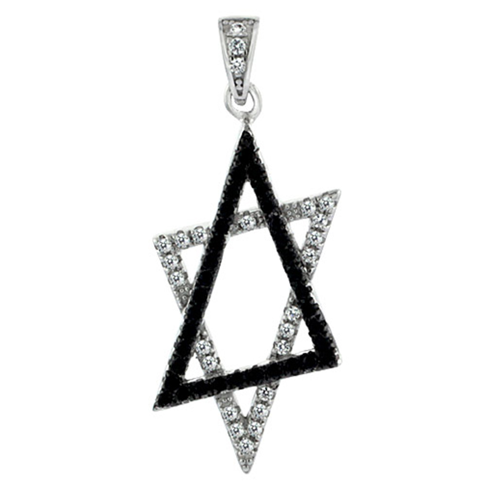 Sterling Silver Star of David Micro Pave CZ Pendant Black & White Stones, 1 1/4 inch long