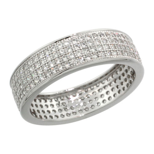 Sterling Silver Cubic Zirconia Micro Pave 4-Row Eternity Band Ring, Sizes 6 to 9