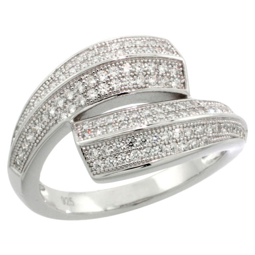Sterling Silver Cubic Zirconia Micro Pave Wave Ring, Sizes 6 to 9