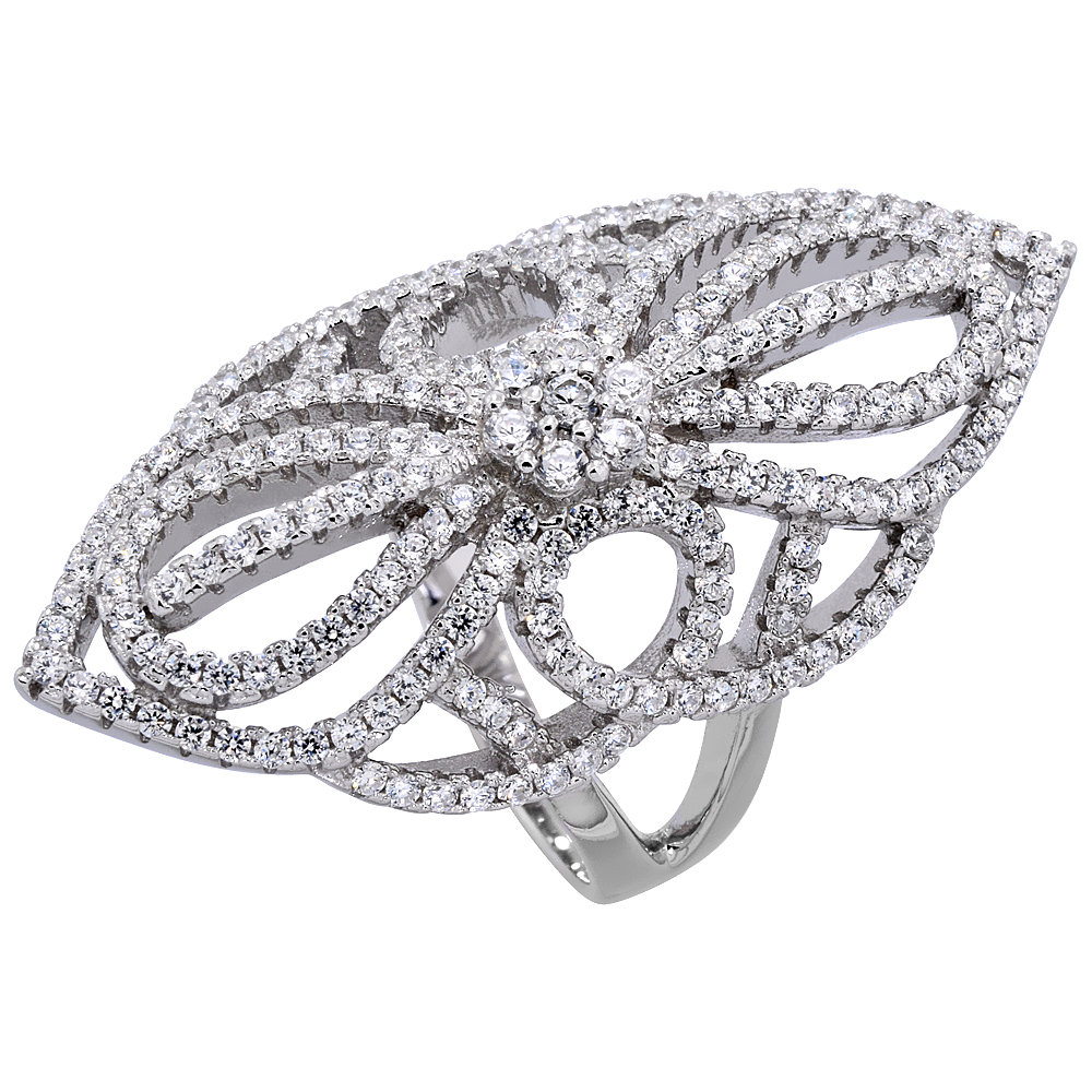 Sterling Silver Cubic Zirconia Long Ring Micro pave Spider 1 1/2 inch Long, sizes 6 - 9