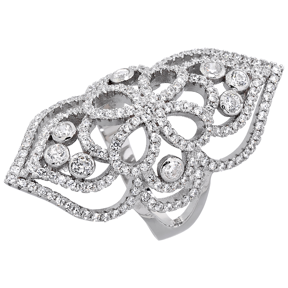 Sterling Silver Cubic Zirconia Long Ring Micro pave Floral 1 1/2 inch Long, sizes 6 - 9