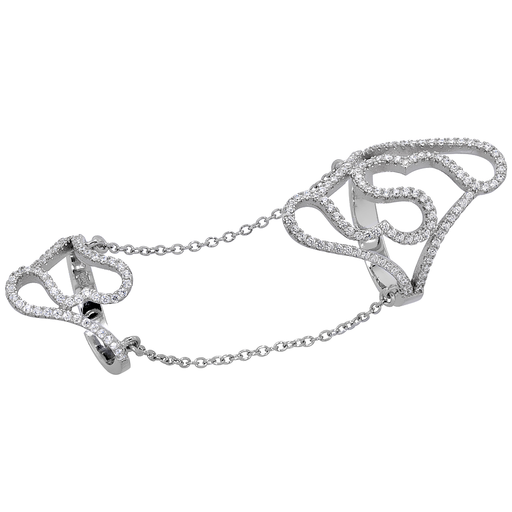 Sterling Silver Cubic Zirconia Slave Ring Hearts Micro Pave 1 1/8 inch Long, sizes 6 - 9