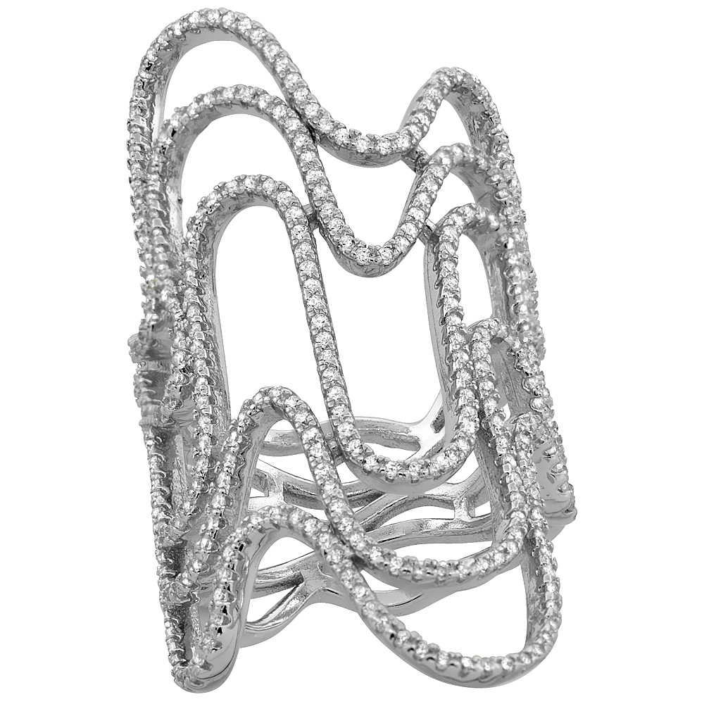 Sterling Silver Cubic Zirconia Long Waves Ring Micro Pave 1 3/4 inch Long, sizes 6 - 9