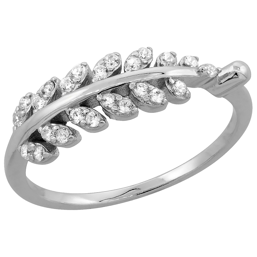 Sterling Silver Cubic Zirconia Dainty Olive Branch Ring Micro Pave 1/4 inch Long, sizes 5 - 9