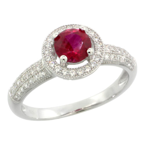 Sterling Silver Cubic Zirconia Micro Pave Round Crown Shape Center Stone Ring White & Red Stones, Sizes 6 to 9