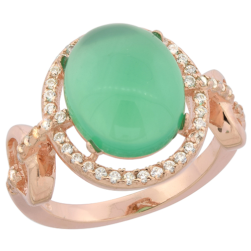 Sterling Silver Oval Green Serpentine Micro Pave CZ Ring Link Accents Rose Gold Finsih, 5/8 inch wide, sizes 6 - 9