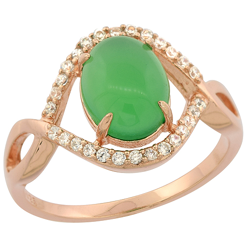 Sterling Silver Oval Green Serpentine Micro Pave CZ Eternity Ring Rose Gold Finish, 1/2 inch wide, sizes 6 - 9