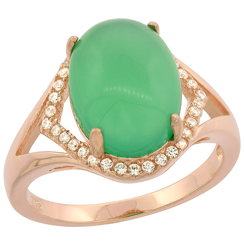 Sterling Silver Oval Green Serpentine Micro Pave CZ Ring Rose Gold Finish, 17/32 inch wide, sizes 6 - 9