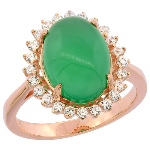 Sterling Silver Oval Green Serpentine Halo CZ Ring Rose Gold Finish, 5/8 inch wide, sizes 6 - 9